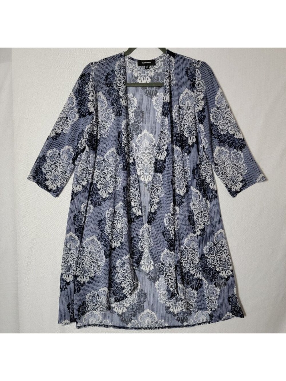 R&M Richards Open Front Cover Up Womens Sz 12  Sheer 3/4 Sleeves Navy White USA